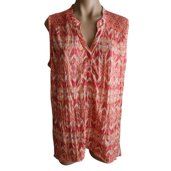 French Laundry Tops - Summer Sleeveless Orange Geometric White Print Crochet Boho Hippie Top Size 1X